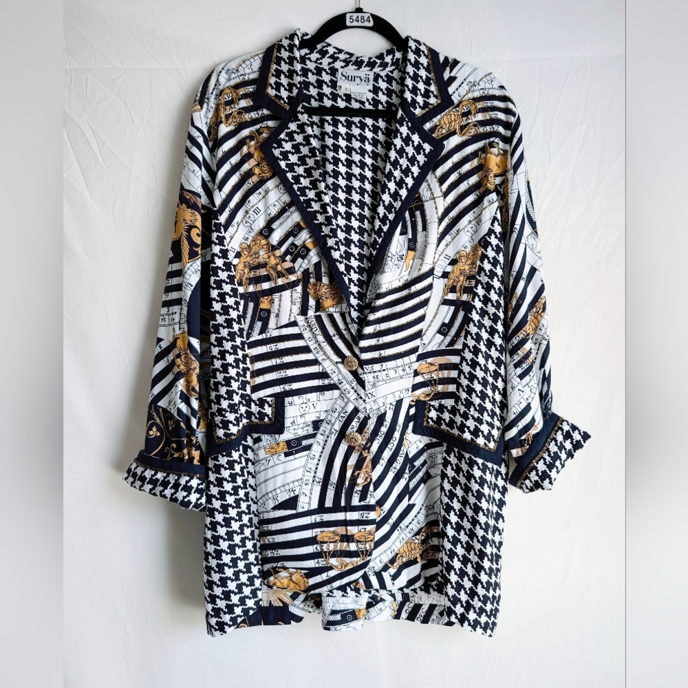 Vintage 90s Zodiac Baroque Blazer | Gold Chain Print | Versace Style | L